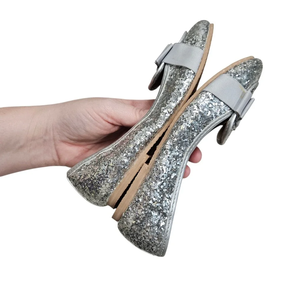 L'Amour Girls Silver Glitter Bow Flats Loafers Shoes Kids Size 11 Wedding School